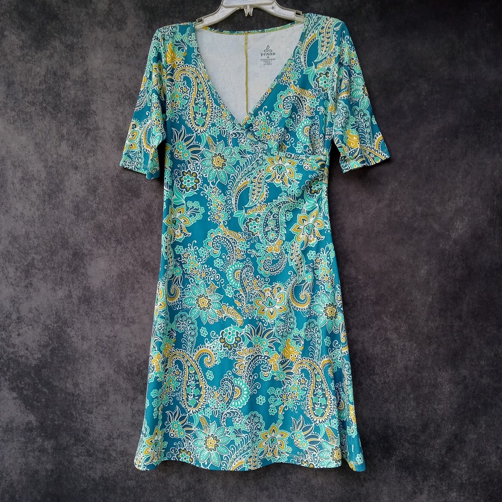 prAna Paisley Print Short Sleeve V Neck Dress Teal‎ Boho Festival Medium